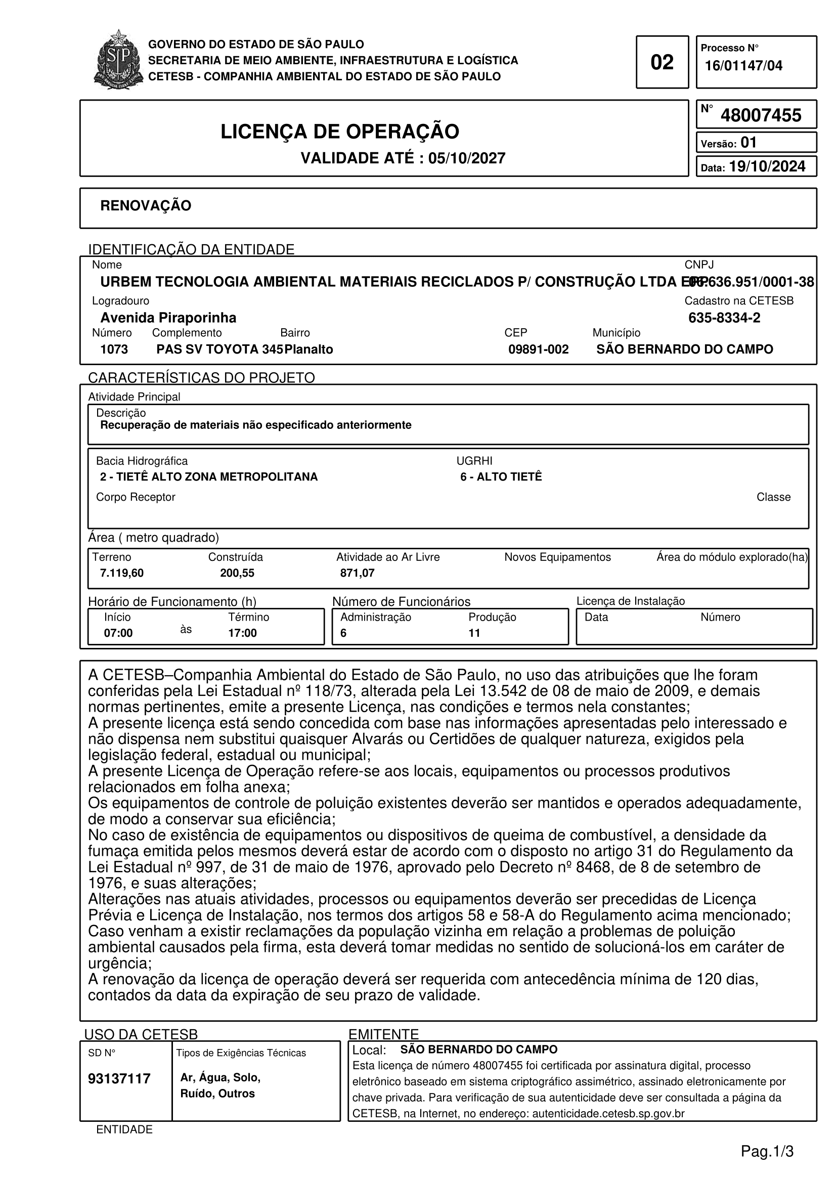 Capa: Licença de Operação